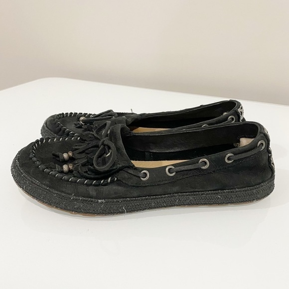 UGG Drina Beaded Bow Leather Slip On Fringe Moccasin Loafer Flats Black Size 6 - Picture 2 of 14